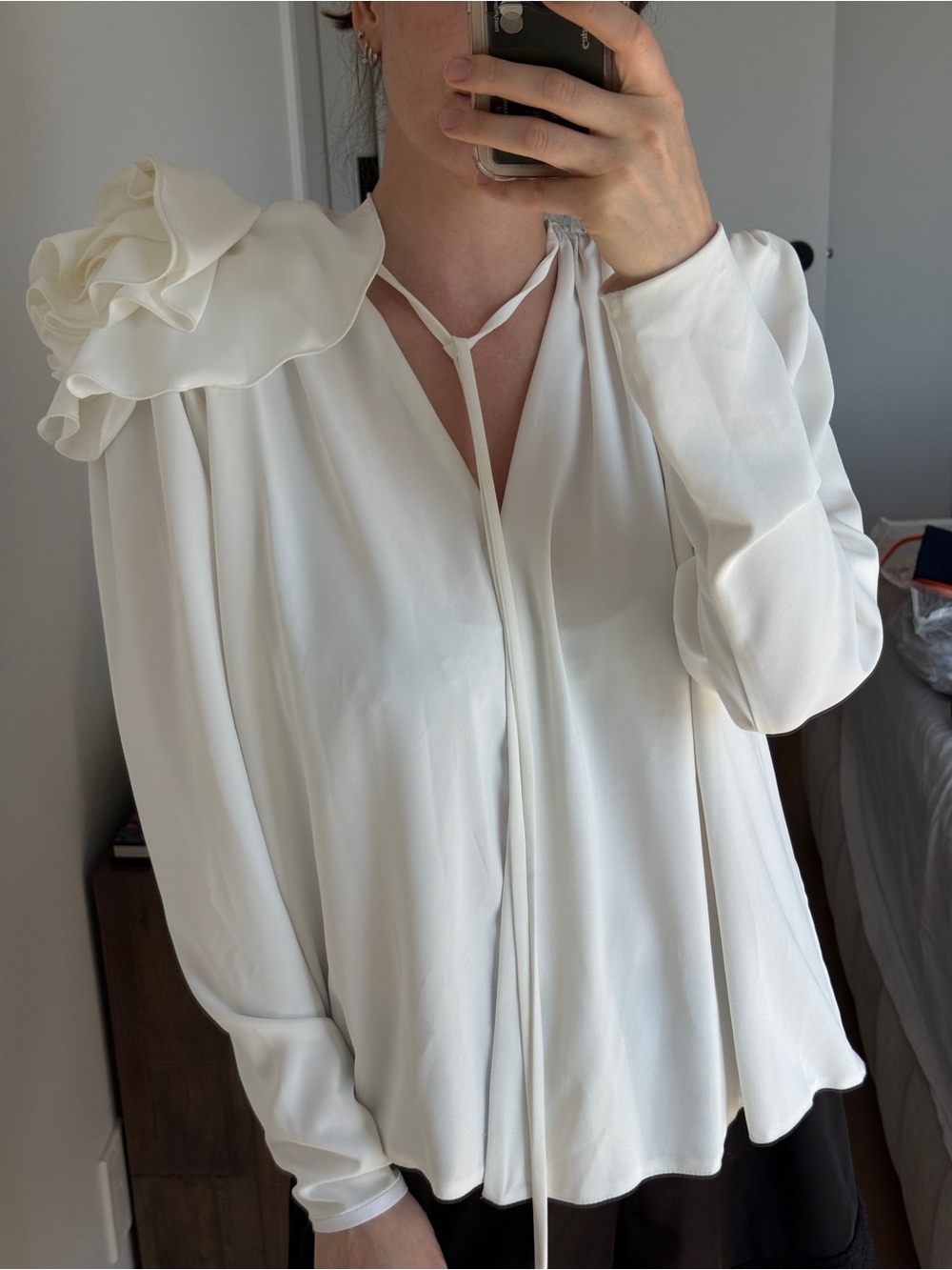 Elegant White Ruffle Shoulder Tie-Neck Blouse